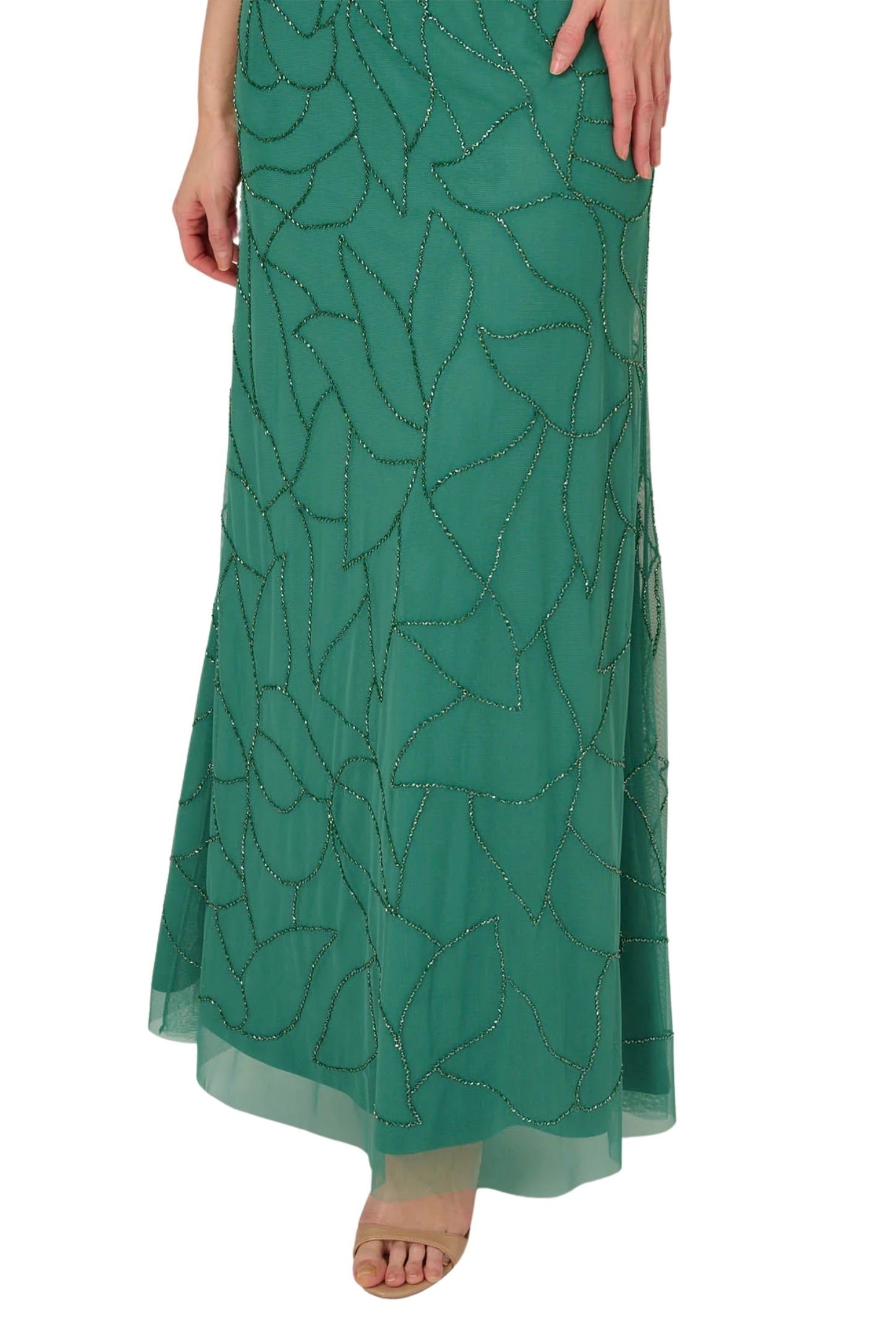 Adrianna Papell V-Neck Beaded Blouson Mermaid Gown with Short Sleeves (Plus Size)