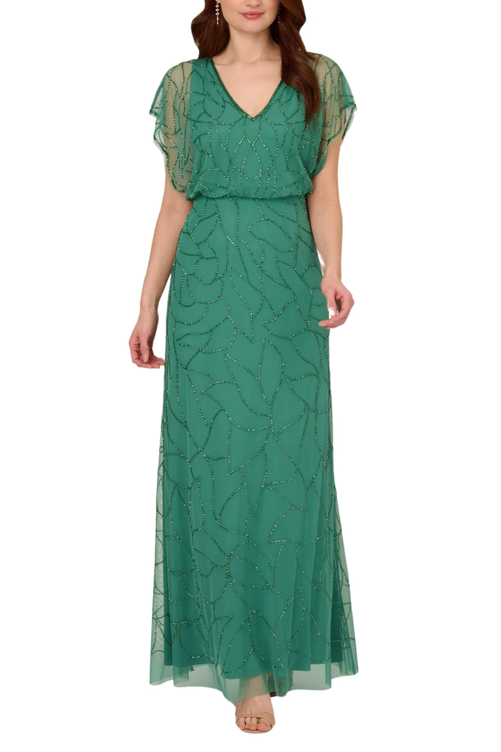 Adrianna Papell V-Neck Beaded Blouson Mermaid Gown with Short Sleeves (Plus Size)